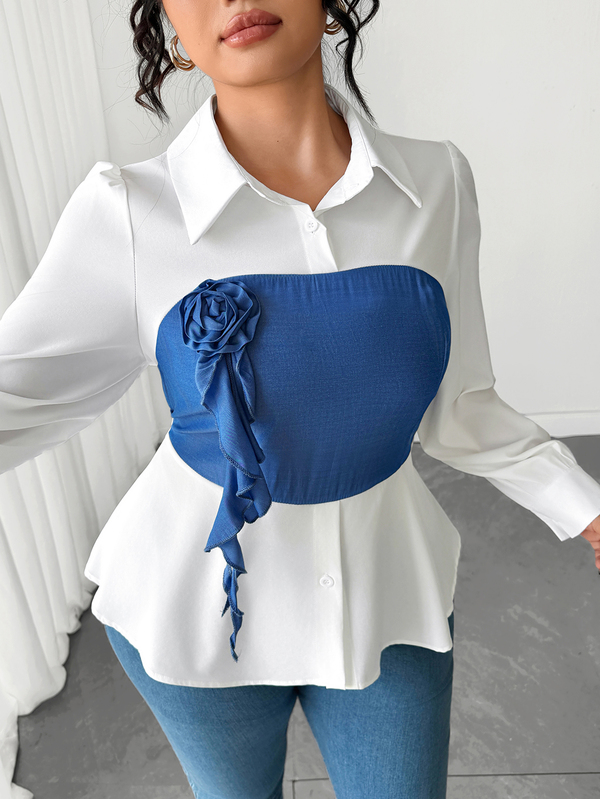 Elenzga Plus Size Elegant Spring/Autumn Casual Daily Wear Long Sleeve Blouse With 3D Floral Decor, Waist-Flattering Slimming Regular Fit Shirt For Women