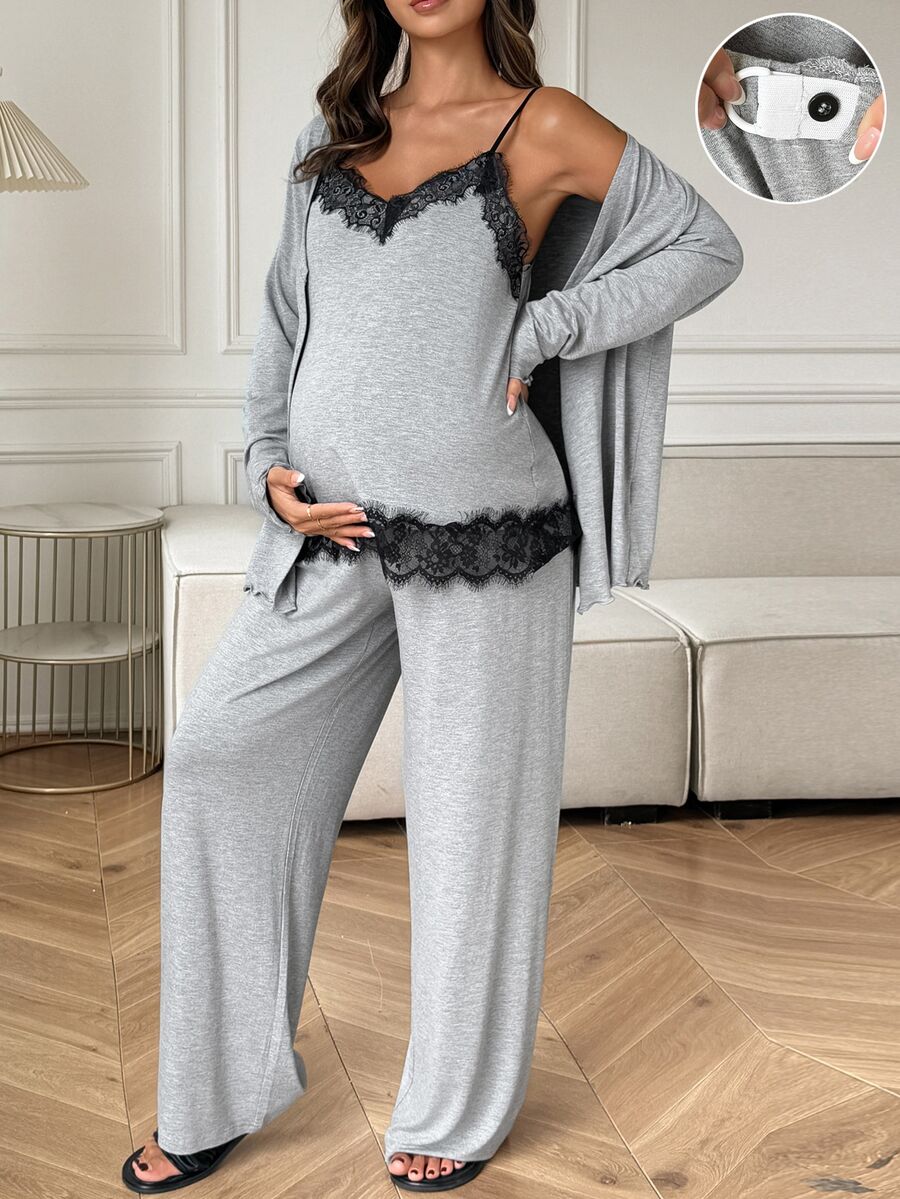 Dazy Maternity Maternity Colorblock Lace Camisole And Adjustable Waist Long Pants With Long Sleeve Cardigan Set - Grey - View 1