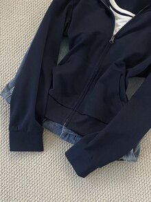 IslaSuriya 女款時尚拉鍊毛絨拼接連帽夾克 - 藏蓝色 - 查看 5