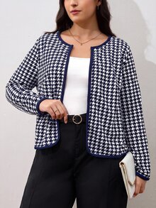 SHEIN Clasi 大尺碼復古優雅長袖粗花呢夾克，適合商務辦公 - 藍白色 - 查看 5
