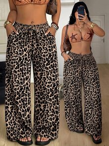 Coolane Plus Size Women's Leopard Print Tie Waist Wide Leg Pants With Pockets, Suitable For Summer - Multicolor - View 1