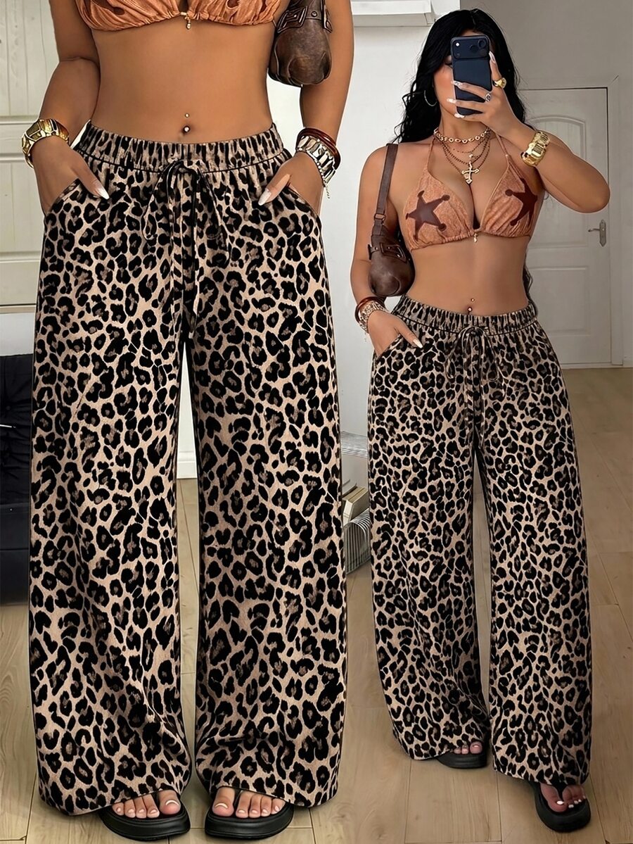 Coolane Plus Size Women's Leopard Print Tie Waist Wide Leg Pants With Pockets, Suitable For Summer - Multicolor - View 1