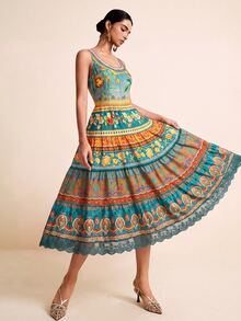 LOTSLUV Women's Spring/Summer Vacation Elegant Colorful Gradient Placement Print U-Neck Sleeveless Ruched Waist Patchwork Lace Trim Print Dress - Olive Green - View 3