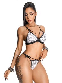 AltBold Set Pakaian Dalam Seksi Wanita dengan Bra dan Celana Dalam Thong Bertali Tipis Motif Pita dan Patchwork Renda - Hitam dan Putih - View 5