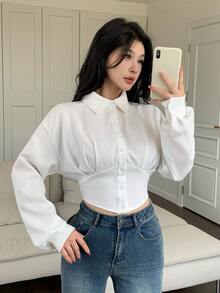 Feyla Women's Solid Color Drop Shoulder Long Sleeve Single-Breasted Waist-Cinching Blouse - White - View 3