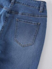 SHEIN PETITE CURVE بنطلون جينز مقاس كبير بأزرار وجيوب وحافة مكشكشة - الأزرق - مشاهدة 3