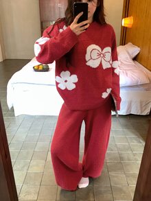 DAZY Autumn/Winter Soft & Cozy Floral Bow Half-Fleece 2 Pieces Pajama Set Loungewear For Women - Red - View 12