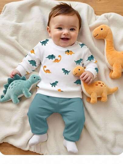 New Born Baby Cartoon Dinosaur Print Long Sleeve Top And Pants Set
