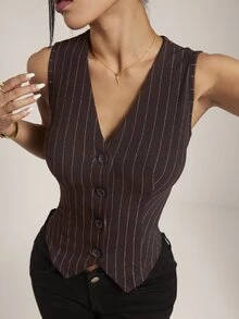 SHEIN PETITE Women's Petite Brown Striped V-Neck Sleeveless Lightweight Blazer - Brown - View 6