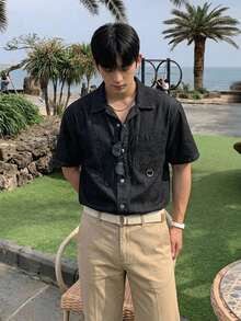 DAZY Short Sleeve Blue Washed Distressed Letter Embossed Design Streetwear Men's Denim Shirt - Black - View 3