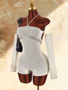 Amplova Women's Detachable Sleeve Fitted Jumpsuit With Open Back And Lace-Up Detail, Edgy Sexy Style, Suitable For Autumn/Winter Wear, Distressed - Grey - View 5