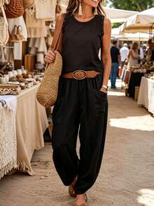 Breezaya Women's Solid Color Pleated Casual Versatile Daily Wear Long Pants - Black - View 4