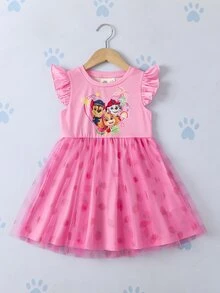 SHEIN | PAW Patrol Young Girl Fun Round Neck Cartoon Print Mesh Dress - Pink - View 1