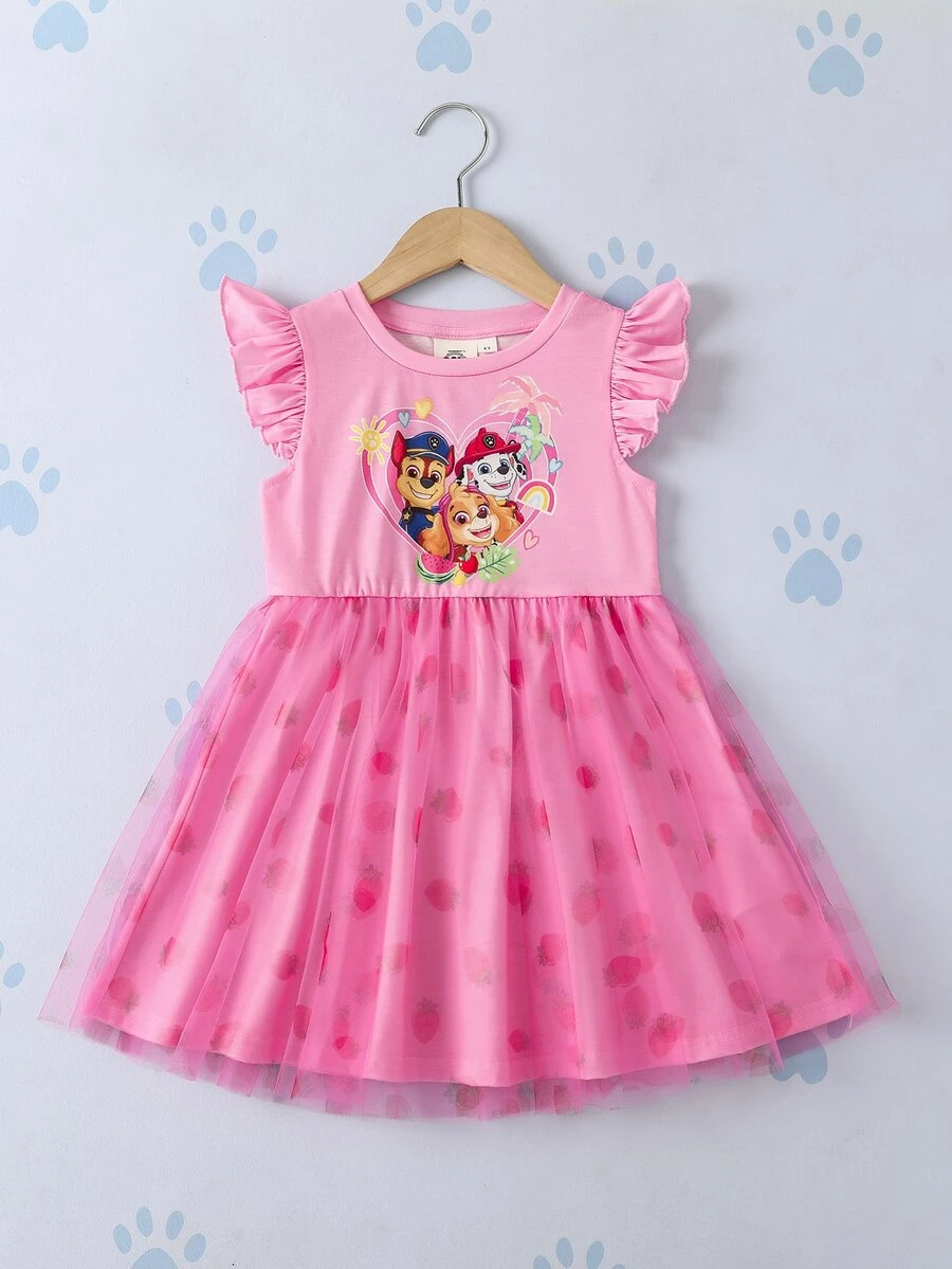 SHEIN | PAW Patrol Young Girl Fun Round Neck Cartoon Print Mesh Dress - Pink - View 1