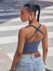 Denimoi Square Neck Cross Back Rib Knit Tank Top Fashionable Everyday Wear Basic Tank Top - Blue - View 3