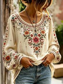 Selamara Women's Fashion Vintage Floral Print Long Sleeve Top, Autumn/Winter - Multicolor - View 5