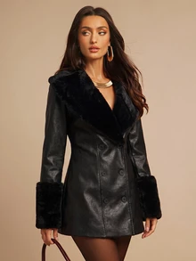 Silquee Fashionable Faux Fur Patchwork Button PU Material Jacket - Black - View 5