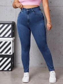 SHEIN EZwear 大尺碼女款休閒百搭日常牛仔褲，附口袋與鈕扣設計 - 霧霾藍 - 查看 3