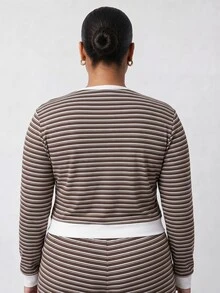 Solavibe Striped Two Piece Set, Plus Size Brown Crop Top & Flare Pants For Travel Hangout,Campus,Urban Stroll,Two Piece Set,Casual Sets,Back To School - Brown - View 3