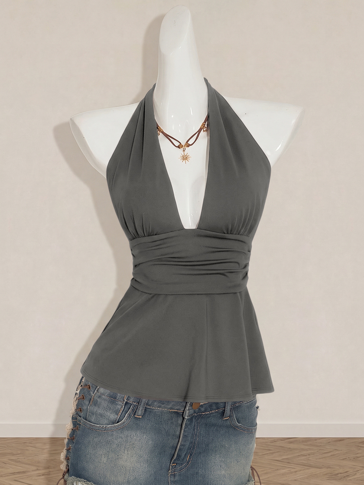 SHEIN ICON Halloween Women's Halter Backless Black Babydoll Tank Top - Grey - View 10