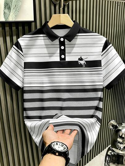 Manfinity Hypemode Men's Striped Polo Shirt, Horse & Rider Graphic Short Sleeve Collared Top For Casual Daily Wear, Fall Clothes, New Fall Styles