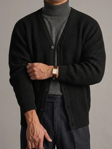 DAZY Autumn/Winter V-Neck Cardigan With Cuffed Sleeves And Hem, Solid Black Commuter Style Men's Cardigan - Black - View 1