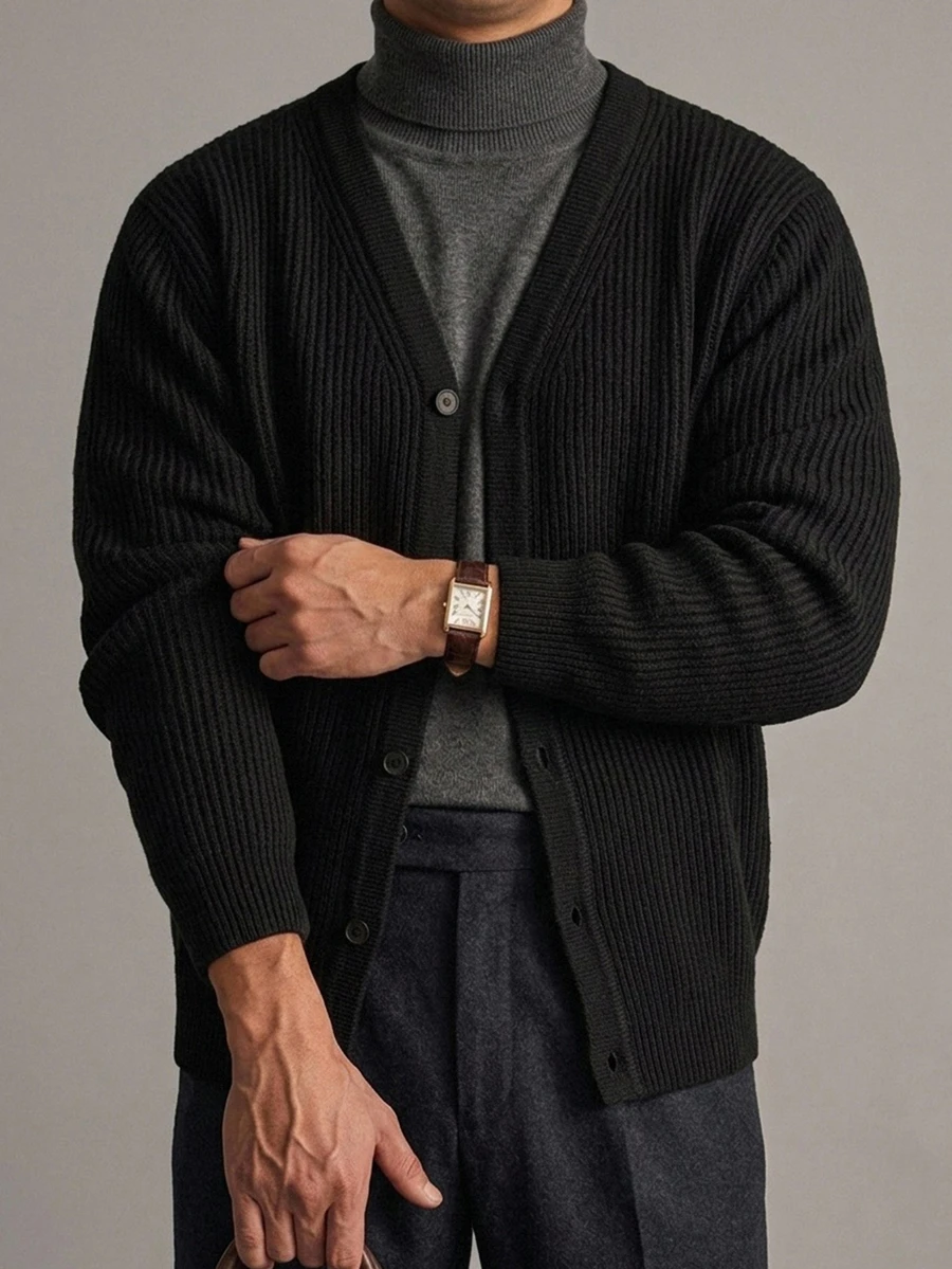 DAZY Autumn/Winter V-Neck Cardigan With Cuffed Sleeves And Hem, Solid Black Commuter Style Men's Cardigan - Black - View 1