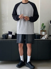 DAZY 春秋款海軍藍與灰色花卉插肩袖拼接撞色韓版男士長袖T恤 - 淺灰色 - 查看 7