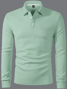 Calvornis Men's Solid Color Casual Commute Long Sleeve Polo Shirt - Green - View 6