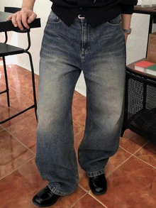 DAZY Spring/Autumn Gray-Blue Washed Distressed Loose Fit Plus Size Men's Jeans - Blue - View 4