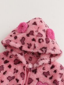 SHEIN Genkimix Kids 女童秋冬休閒時尚豹紋抓絨拉鍊連帽開襟外套 - 粉色 - 查看 6