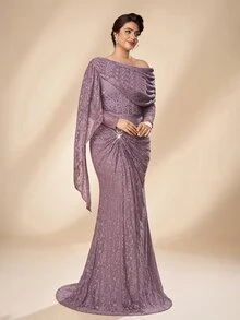 Serin Plus Size Elegant Lilac Lace Ruched Drop-Shoulder Long Sleeve Handmade Applique Beaded Mermaid Maxi Dress, Suitable For Formal Evening Party, Vacation, Wedding Event, Mother Of The Bride Gown - Lilac Purple - View 7