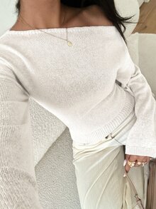 Aloruh 女款休閒優雅秋季新款針織不對稱肩喇叭袖長袖上寬下窄花卉針織衫 早午餐穿搭 米白色 - 白色 - 查看 5