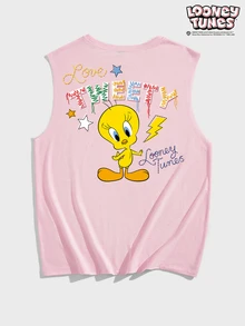 LOONEY TUNES X SHEIN Manfinity Joysei 男士字母卡通印花上衣，適合日常休閒穿著，情侶穿搭 - 粉色 - 查看 1