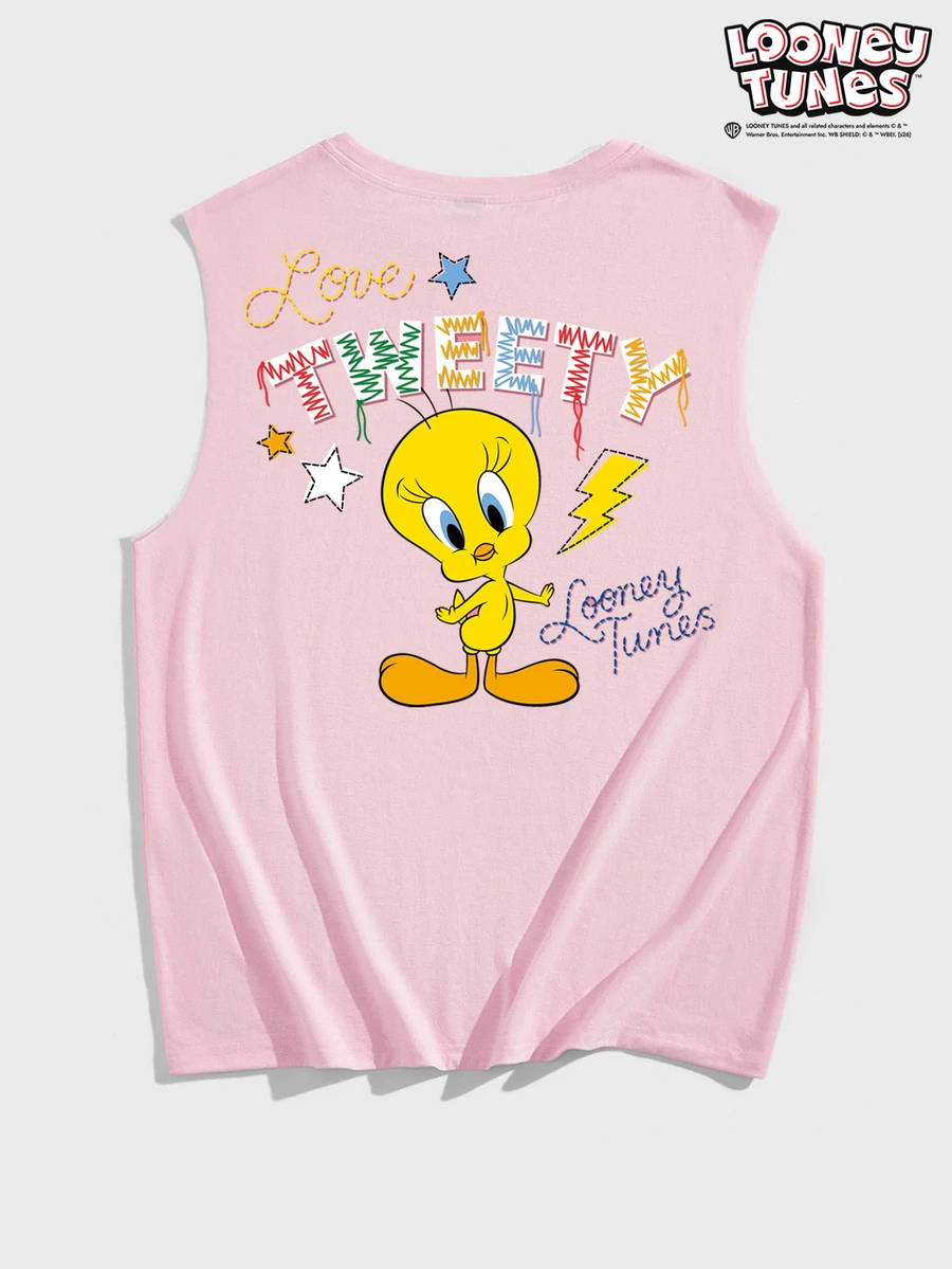 LOONEY TUNES X SHEIN Manfinity Joysei 男士字母卡通印花上衣,適合日常休閒穿著,情侶穿搭 - 粉色 - 查看 1