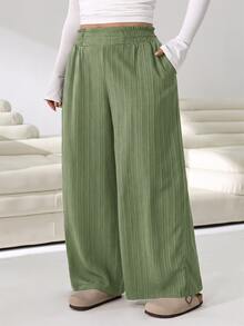 Solflare Olive Green Casual Loose Plus Size Women's Long Pants - Olive Green - View 3