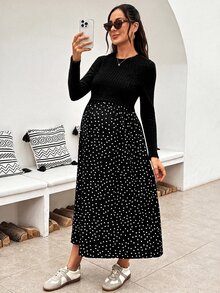 SHEIN Maternity Patchwork Polka Dot Pattern Round Neck Long Sleeve Nursing Dress - Black - View 11