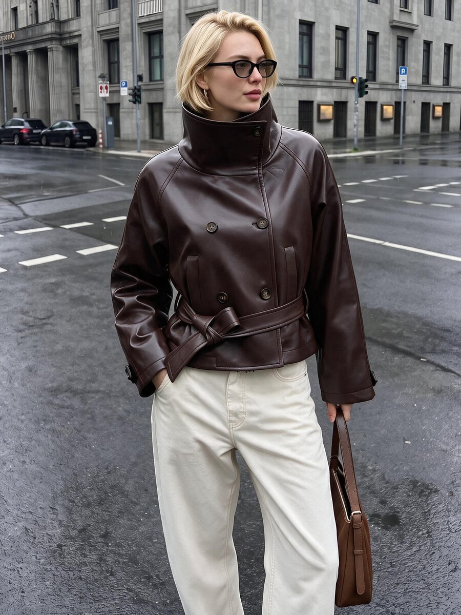 Struktiv Funnel Neck Double Breasted Belted Faux Leather Cropped Jacket - Coffee Brown - View 1