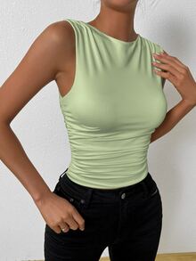 Allurite Women's Solid Color Round Neck Ruched Fitted Casual Versatile Tank Top - Green - View 4