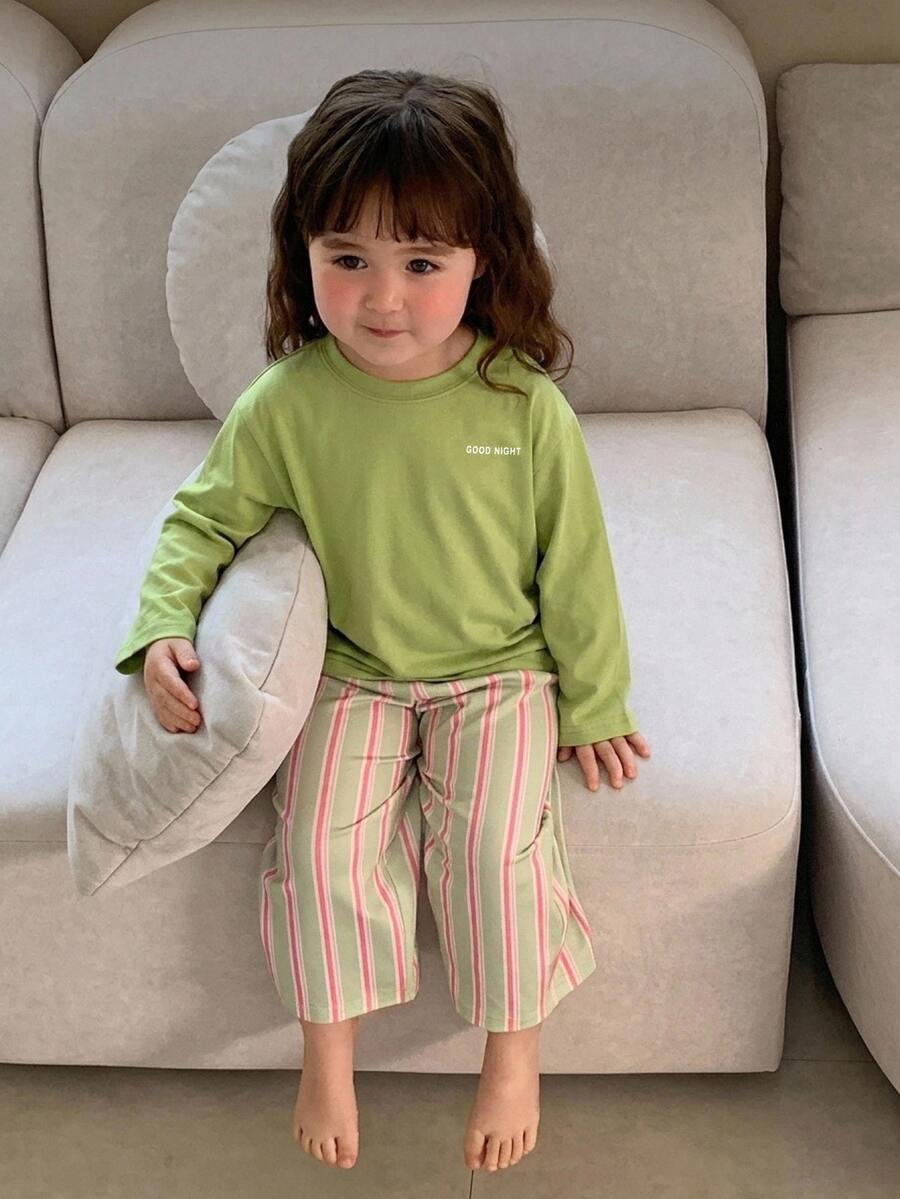DAZY 女嬰圓領純色字母印花長袖上衣韓版寬鬆長褲兩件套居家服 - 綠色 - 查看 1