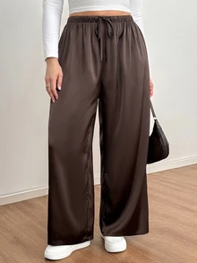 Shapeblank Plus-Size Women's Spring And Autumn Fashionable Casual Loose Comfortable Brown Satin Elastic Waist Wide-Leg Pants,Fall Outfits,Simple Style - Brown - View 5