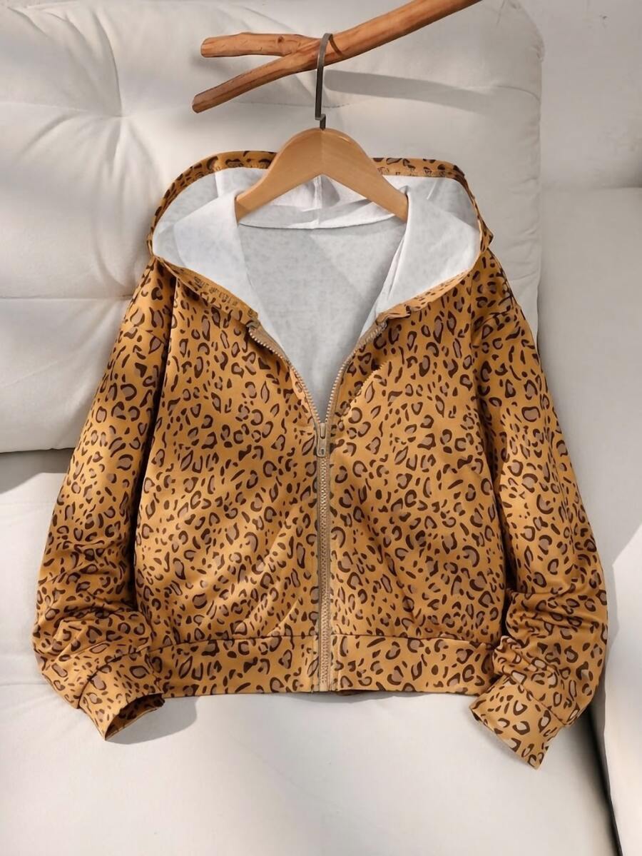 SHEIN 青少年女孩純色連帽抓絨內裡保暖夾克 前拉鍊口袋 開學季 - 棕色 - 查看 1