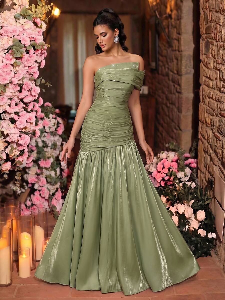Aureia Elegant Glamorous Off-Shoulder Neckline Rhinestone Embellished 3D Pleated Full A-Line Floor-Length Formal Evening Gown For Vacation, Party, Birthday, Gala, Formal Occasions (Heavy Craftsmanship) - Green - View 1