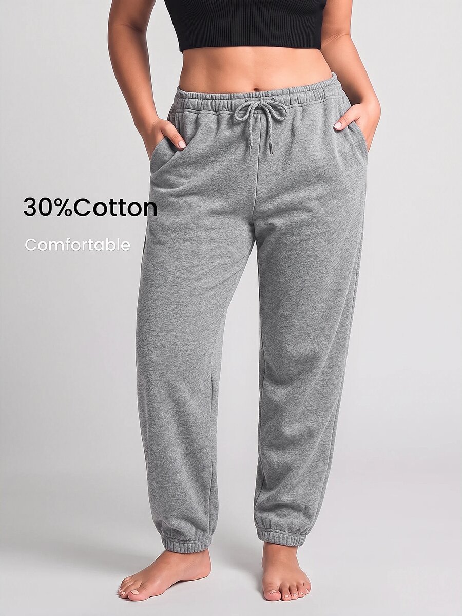 YARNWELL Plus Size Women's Solid Color Drawstring Waist Pocket Cuffed Casual Sweatpants - Grey - View 1