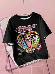 THE POWERPUFF GIRLS X SHEIN 波普藝術趣味卡通印花黑色短袖大尺碼T恤 - 白色 - 查看 1