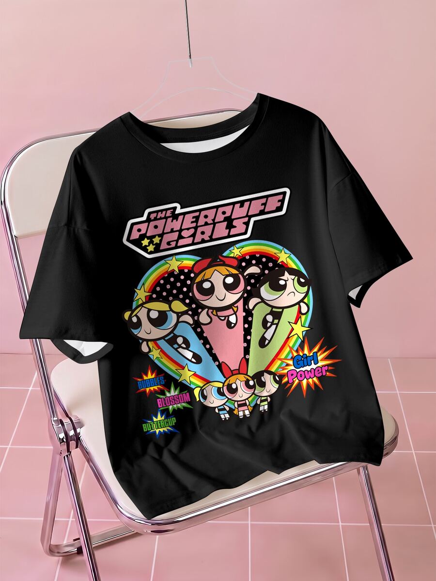 THE POWERPUFF GIRLS X SHEIN 波普藝術趣味卡通印花黑色短袖大尺碼T恤 - 白色 - 查看 1