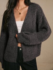 Poéselle Women's Charcoal Gray Fuzzy Wrap Cardigan – Soft V-Neck Open-Front Long-Sleeve Sweater With Relaxed Oversized Fit Brown Sweater Fall Winter Sweater - Brown - View 5