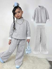 SHEIN 少女灰色加厚運動衫套裝，柔軟舒適，秋冬新款休閒百搭 - 灰色 - 查看 1