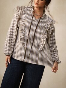 Nubod Plus Size Spring/Autumn Vintage Plaid Country Style Romantic French Inspired Round Neck Tie Front Drawstring Chest Shoulder Patchwork Ruffle Lace Puff Sleeve Long Sleeve Blouse - Brown - View 4