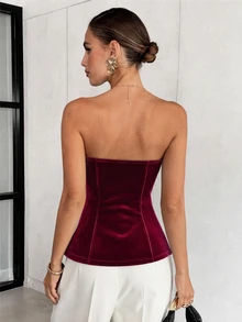 Lavishia 金屬鈕扣收腰優雅抹胸上衣 - 酒紅色 - 查看 2